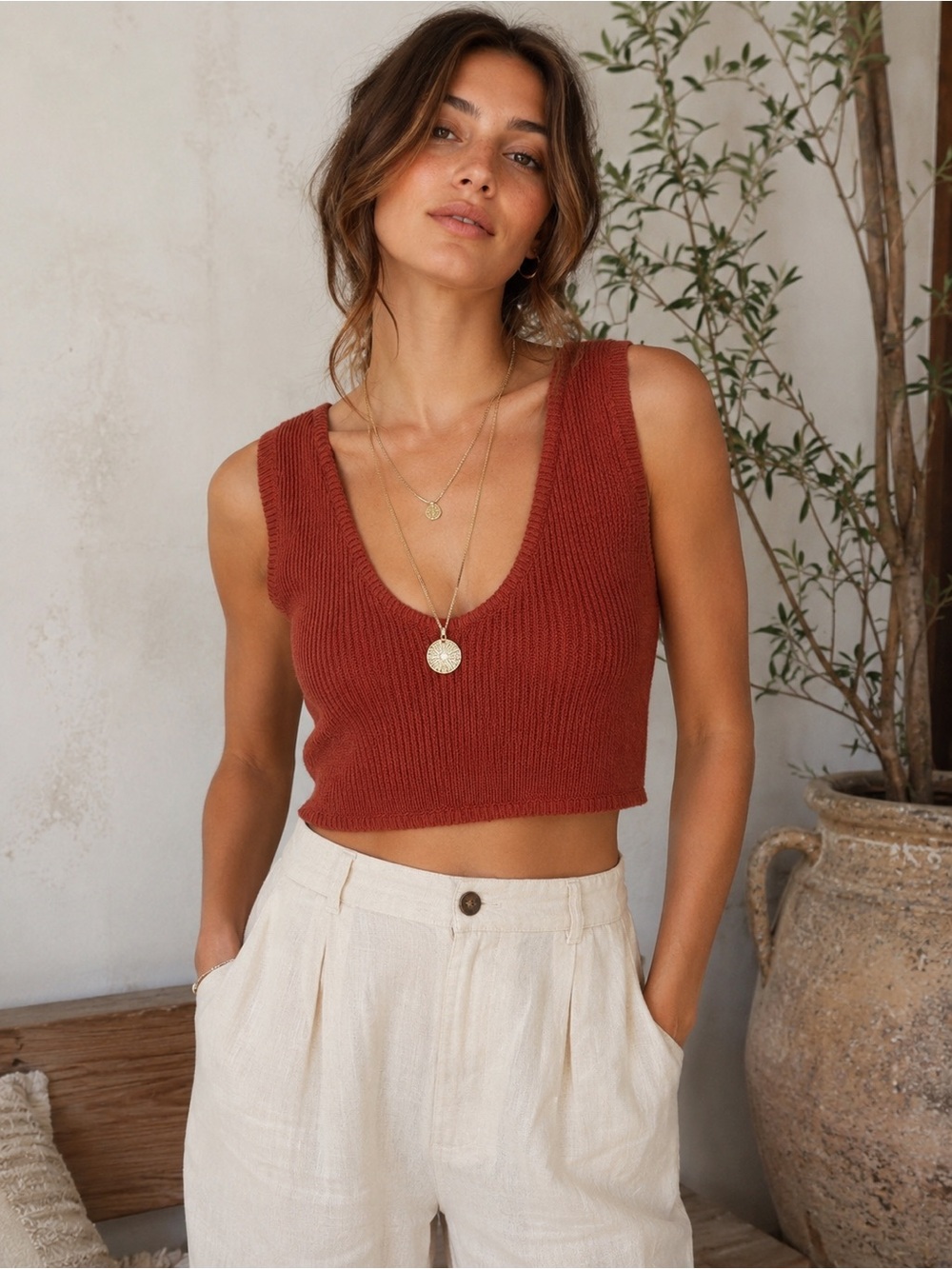 FP Beach Rust Ribbed Knit Cropped Sweater Tank Top Women’s S